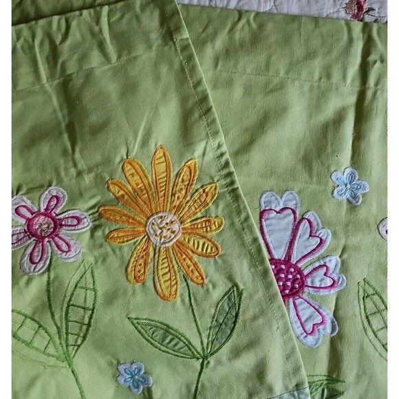 2 Pottery Barn Kids Green Gingham Daisy Garden Valances Embroidered Whimsical - Picture 5 of 7
